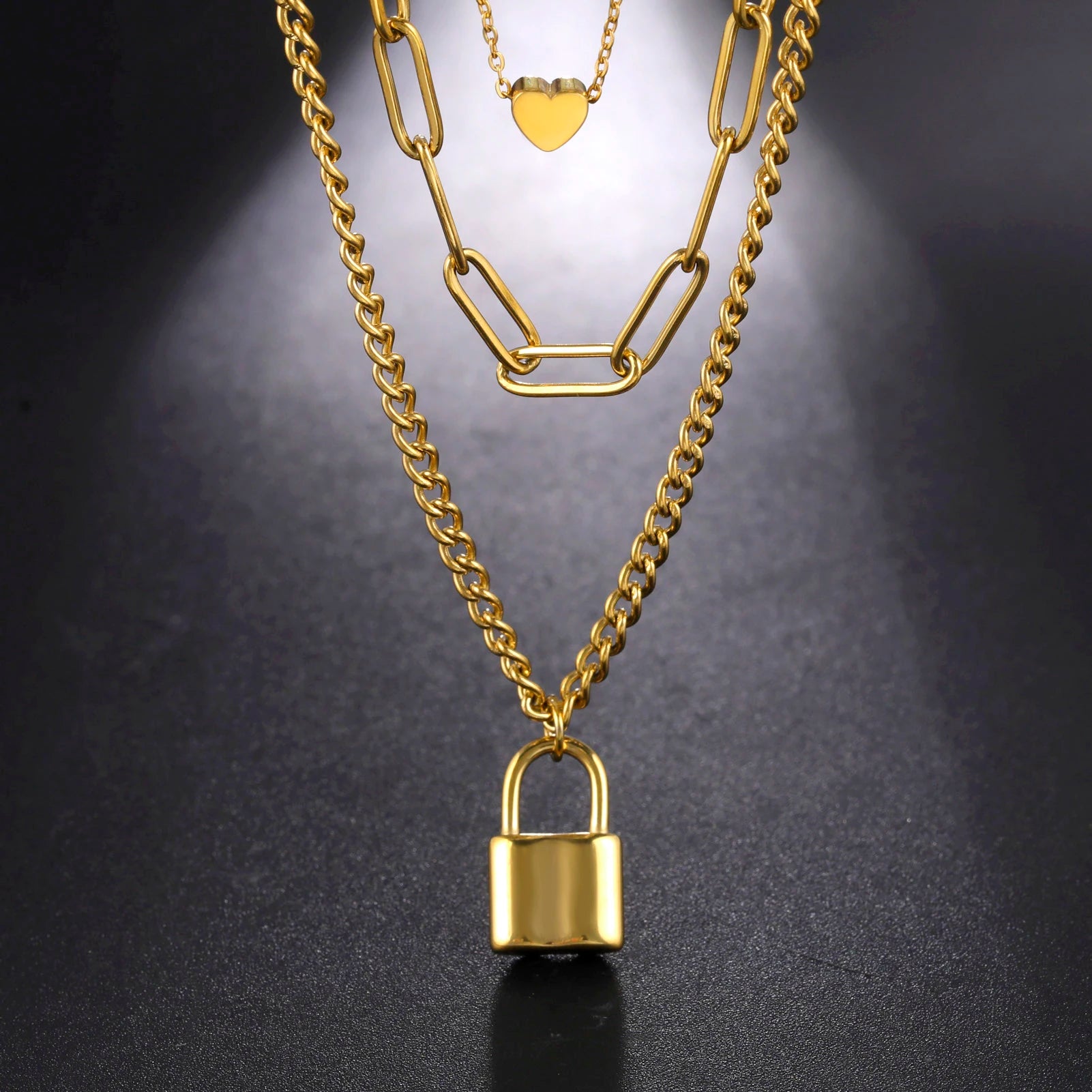 Triple Layer Love Lock Necklace Set