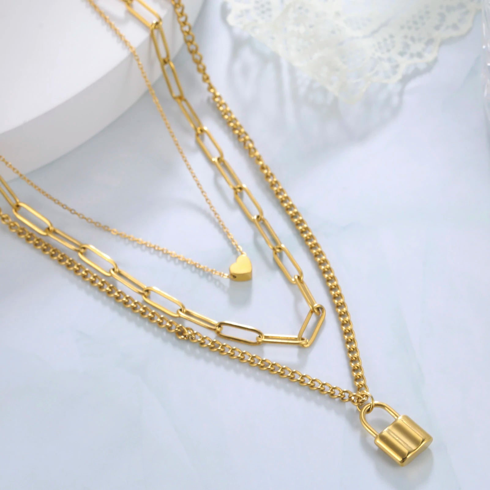 Triple Layer Love Lock Necklace Set