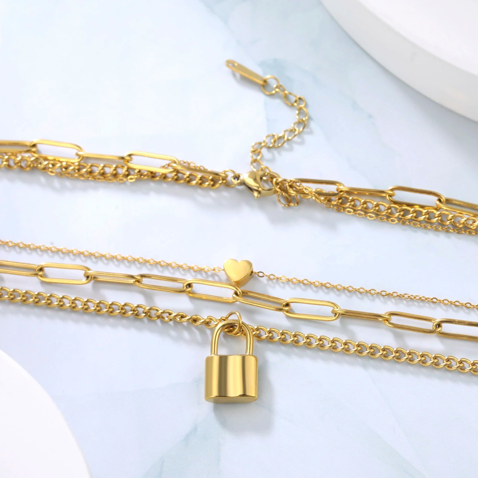 Triple Layer Love Lock Necklace Set