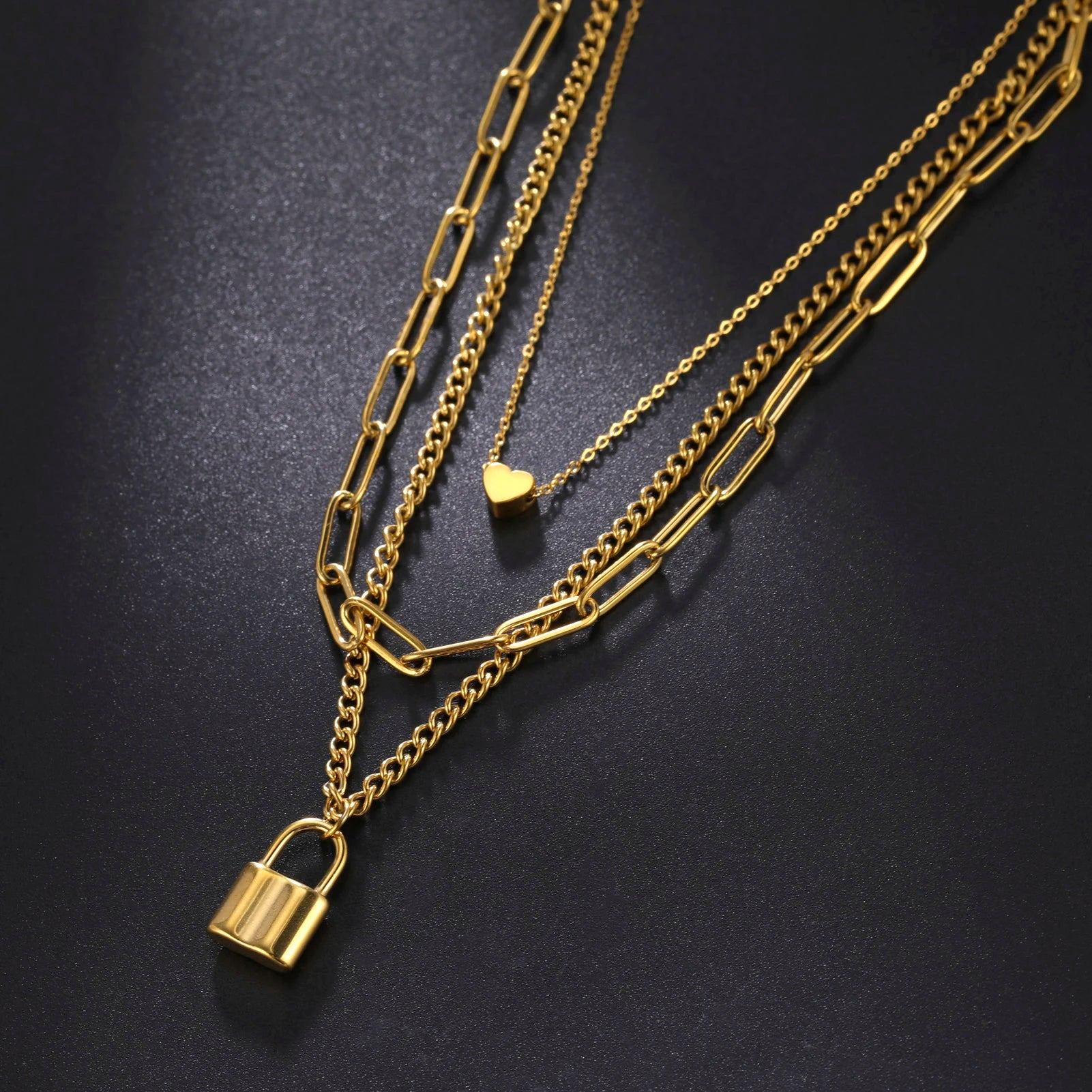 Triple Layer Love Lock Necklace Set