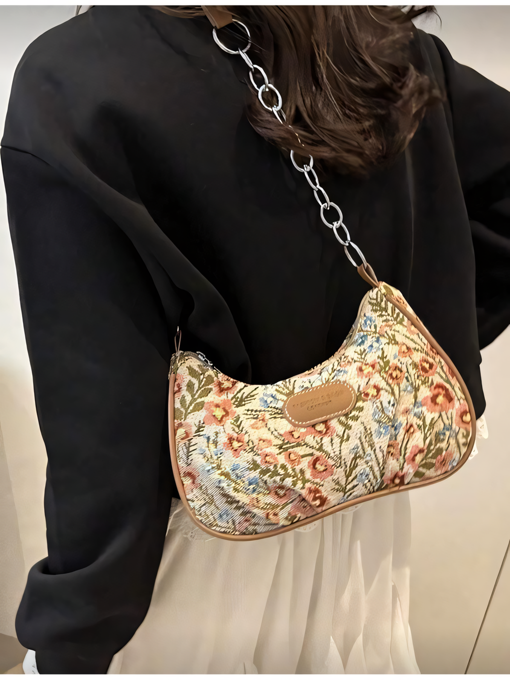Floral Tapestry Chain-Strap Shoulder Bag