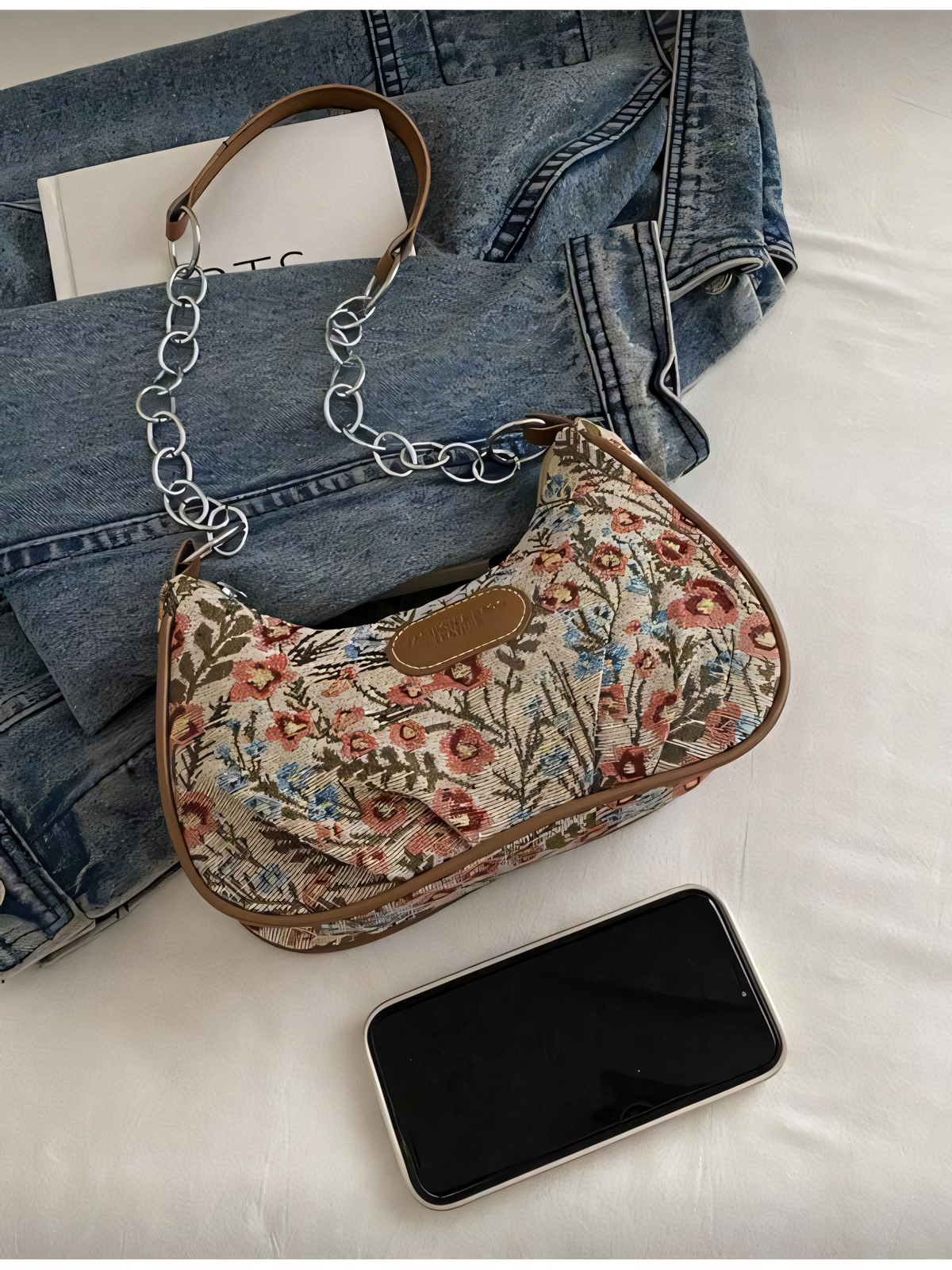 Floral Tapestry Chain-Strap Shoulder Bag