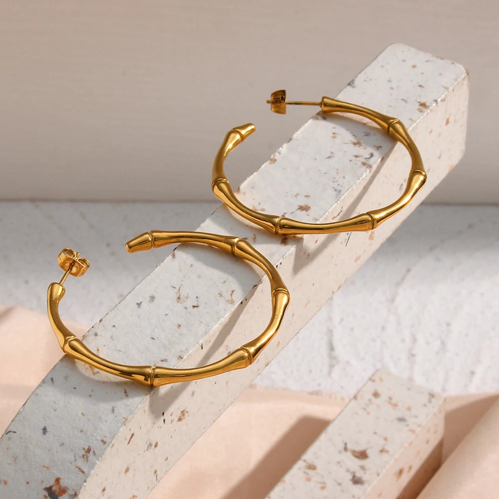 18k Large Bamboo Hoop Earrings