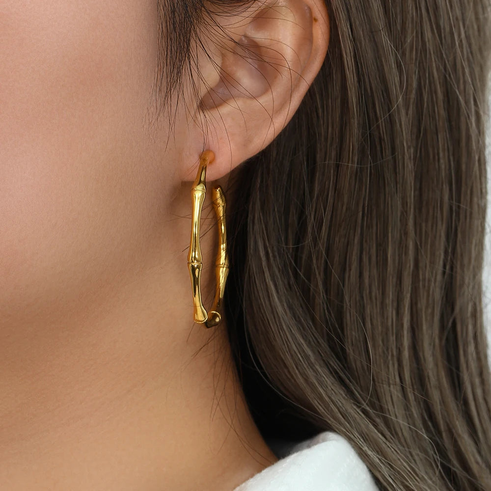 18k Large Bamboo Hoop Earrings