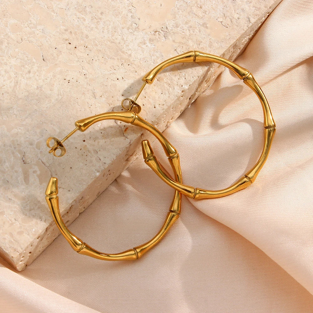 18k Large Bamboo Hoop Earrings
