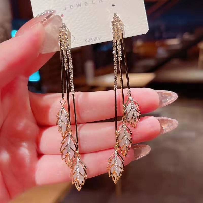 Crystal Leaf Tassel Drop Earrings