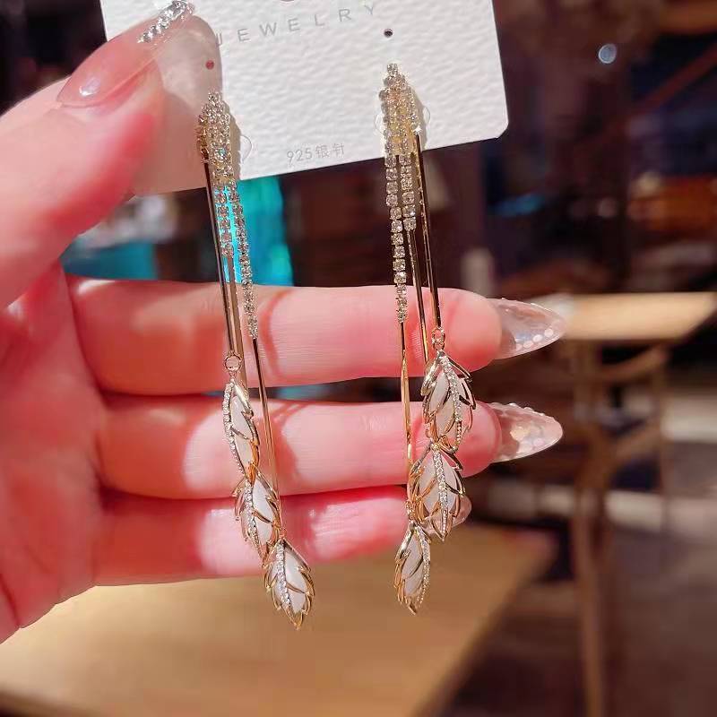 Crystal Leaf Tassel Drop Earrings