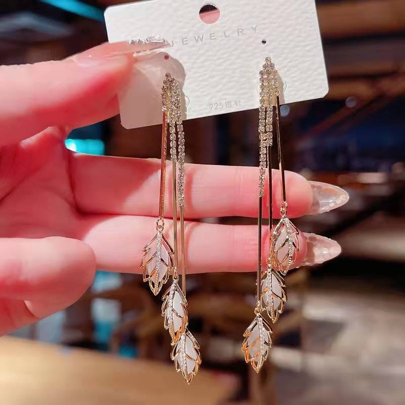 Crystal Leaf Tassel Drop Earrings