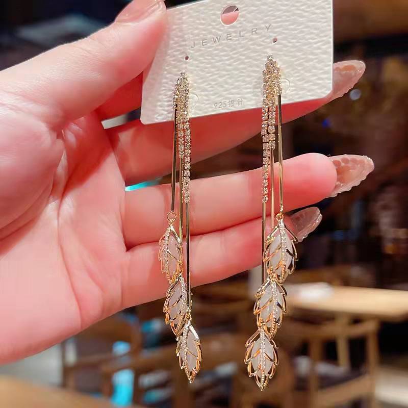 Crystal Leaf Tassel Drop Earrings