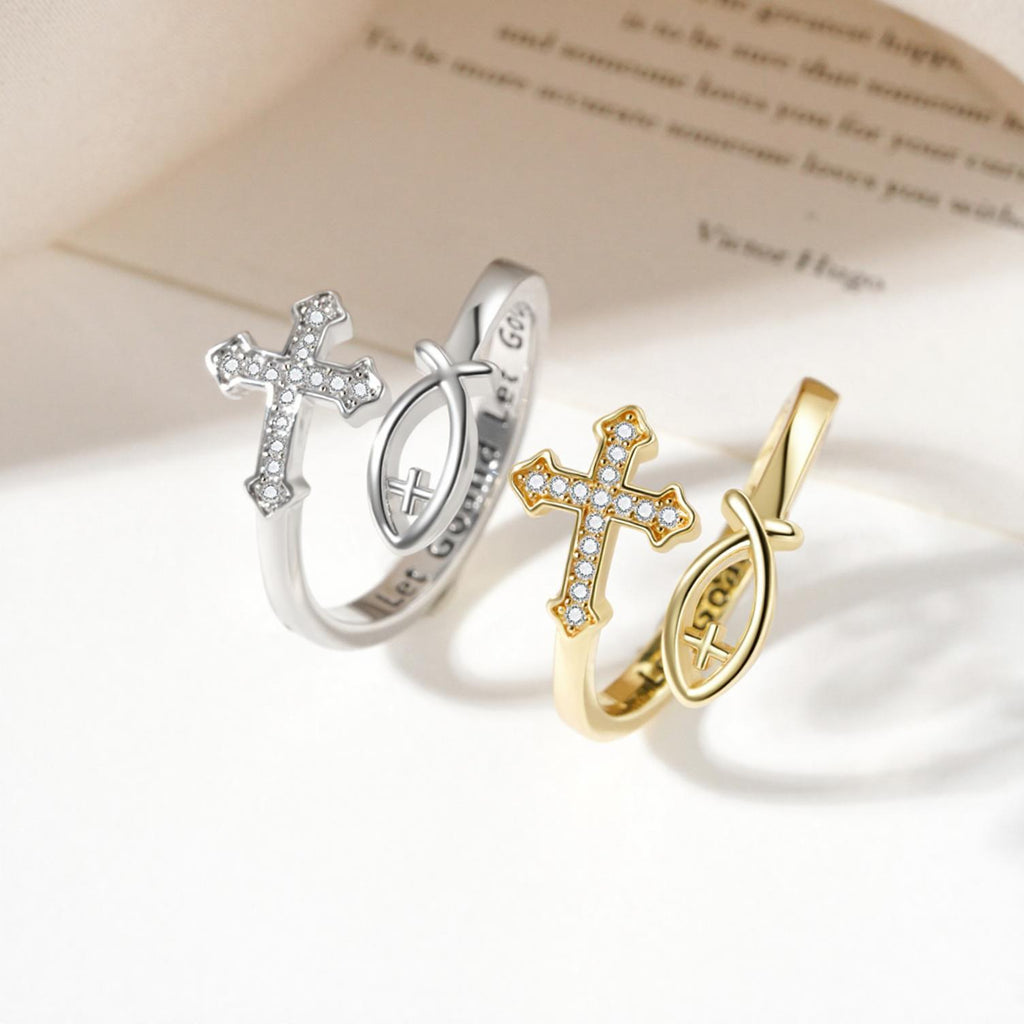 14k Vintage Cross & Fish Ring
