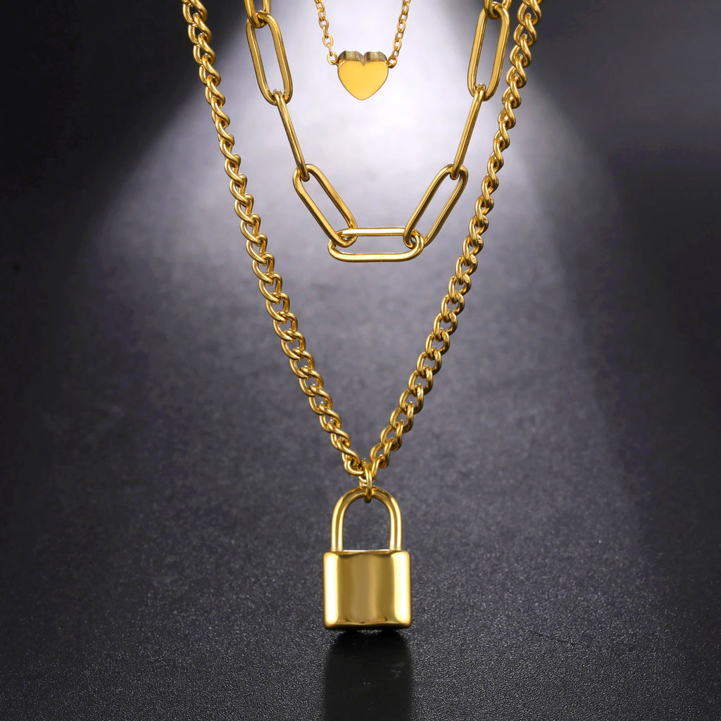 Triple Layer Love Lock Necklace Set