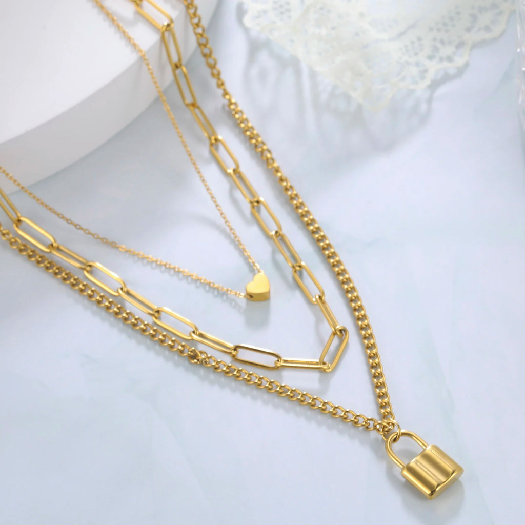 Triple Layer Love Lock Necklace Set