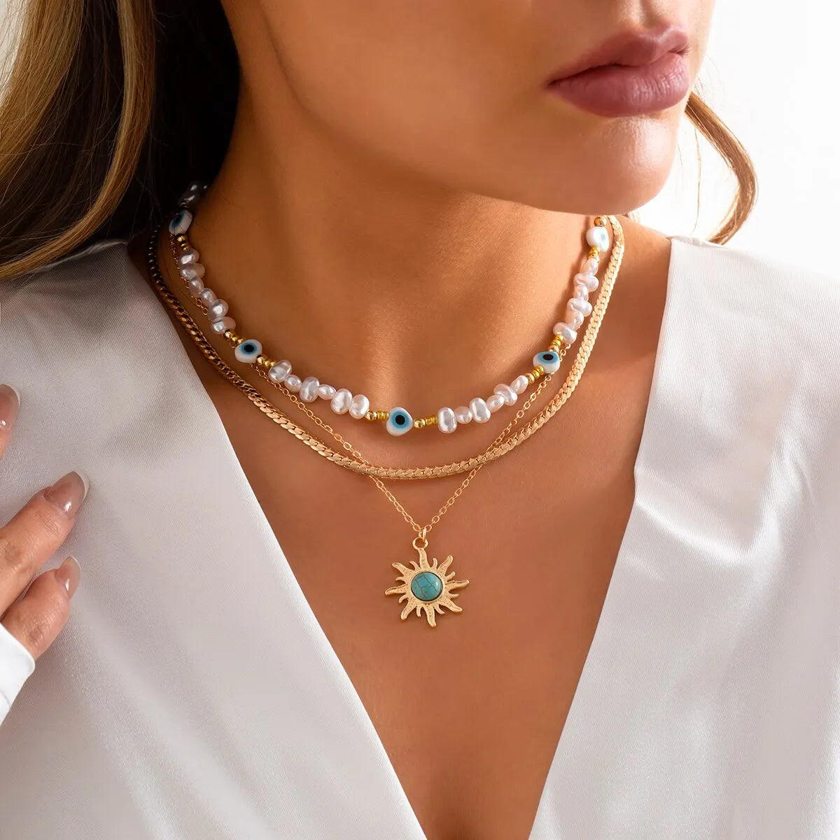 Multi Layer Evil Eye Pearl Necklace