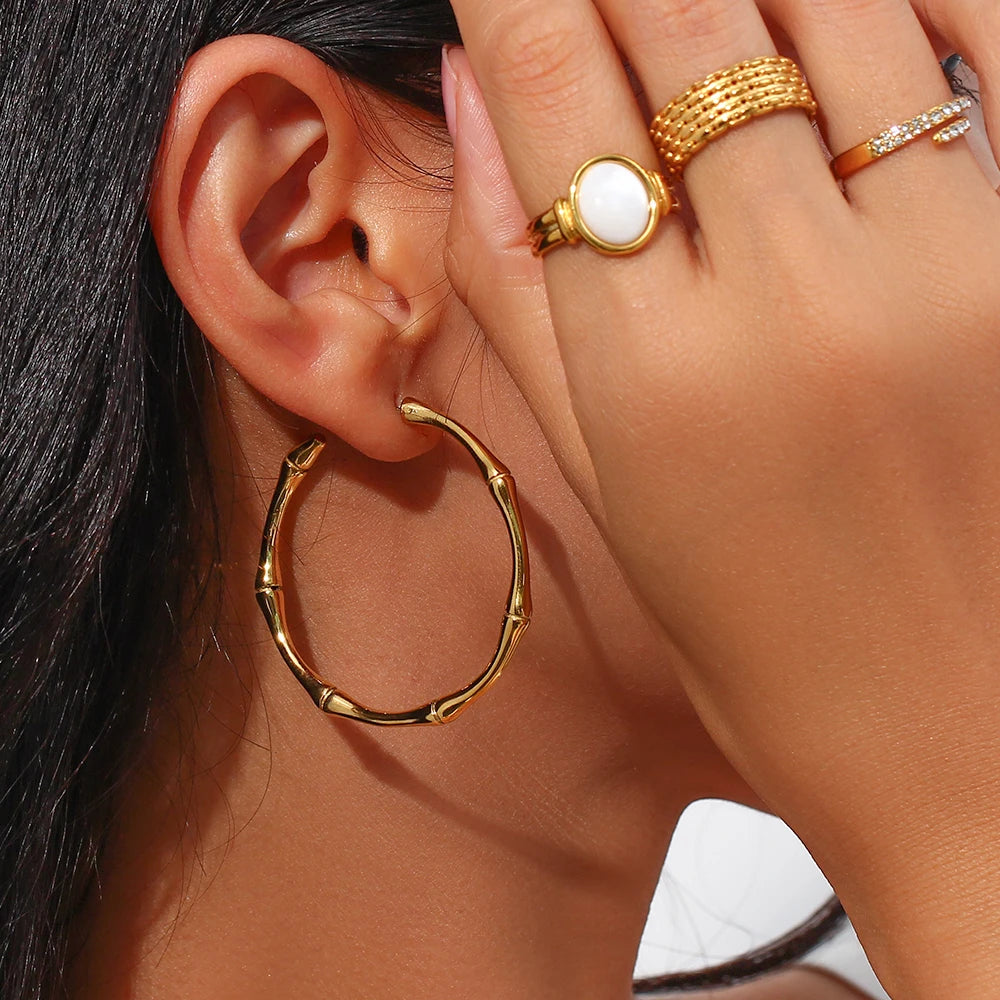 18k Large Bamboo Hoop Earrings