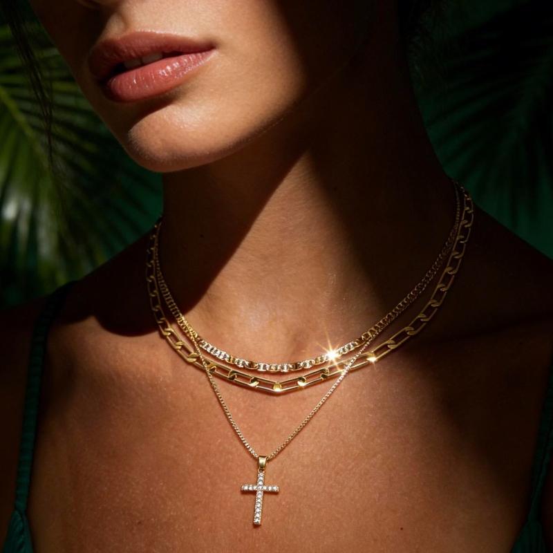 3pc 14k Layered Cross Necklace Stack