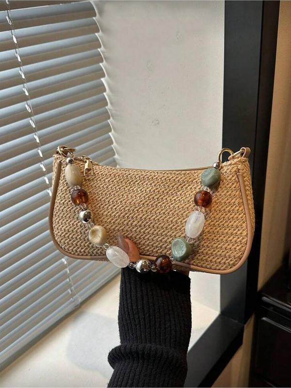 Woven Shoulder Bag with Beaded Strap