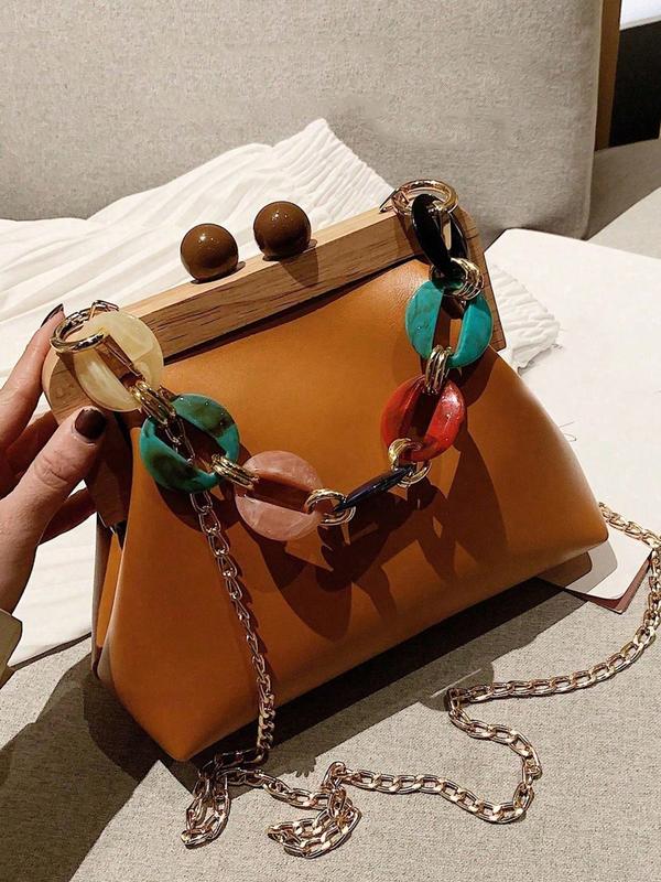 Wood Clasp Bag with Resin Chain Strap