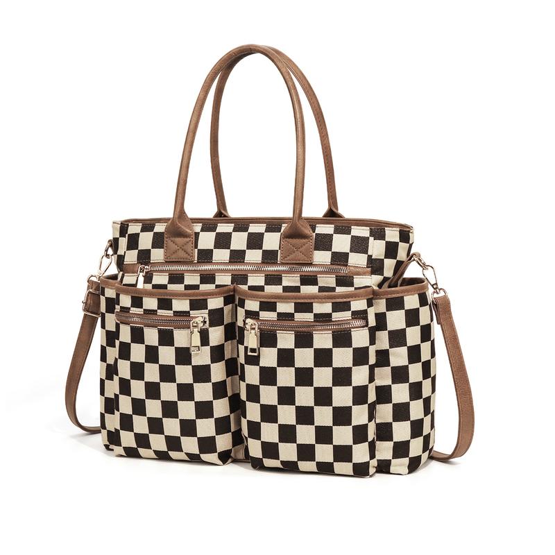Checkered Multi-Pocket Tote Bag