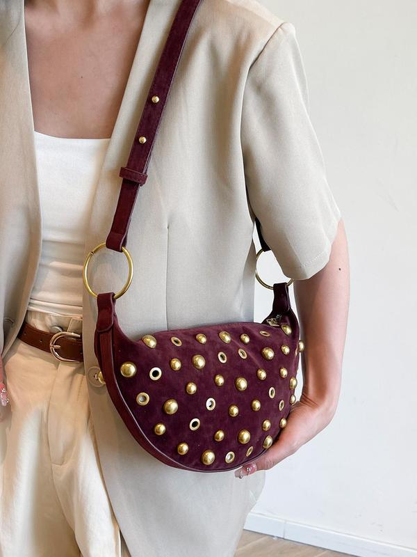 Studded Suede Crescent Bag