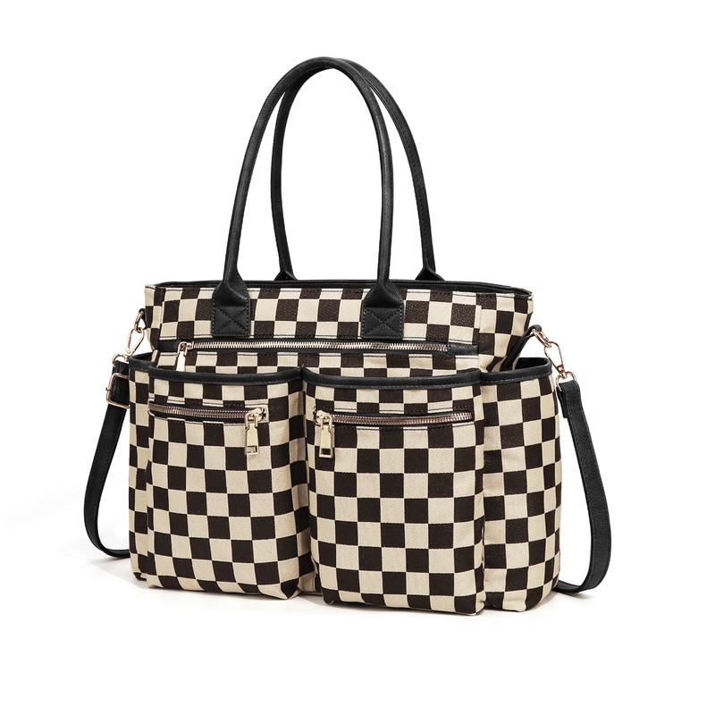 Checkered Multi-Pocket Tote Bag