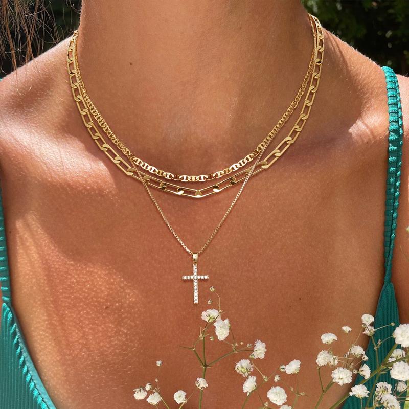 3pc 14k Layered Cross Necklace Stack