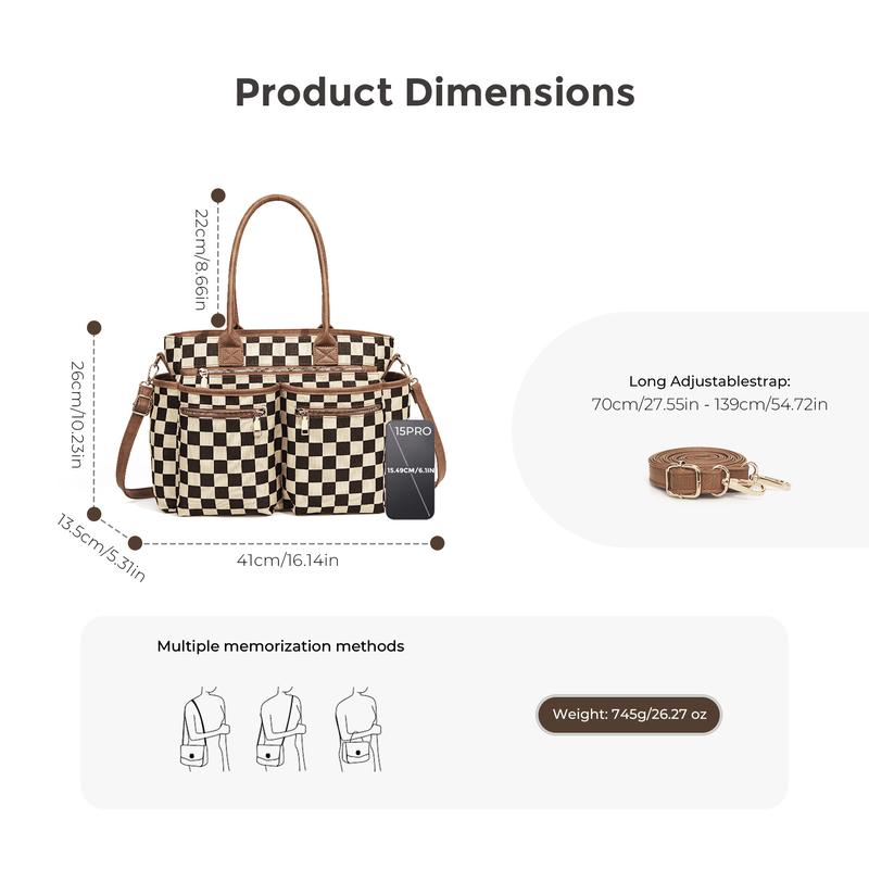 Checkered Multi-Pocket Tote Bag