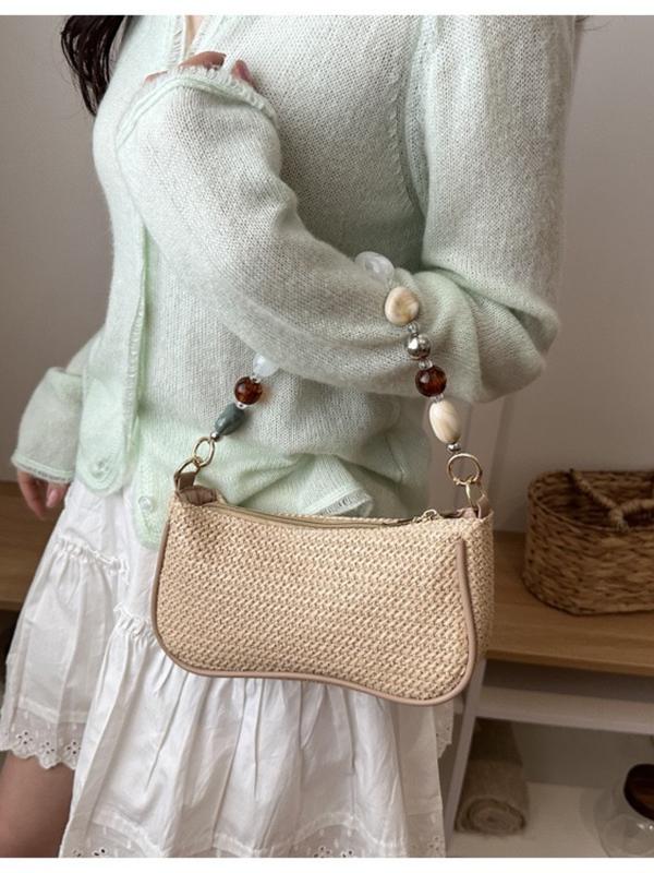 Woven Shoulder Bag with Beaded Strap