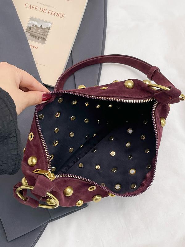 Studded Suede Crescent Bag
