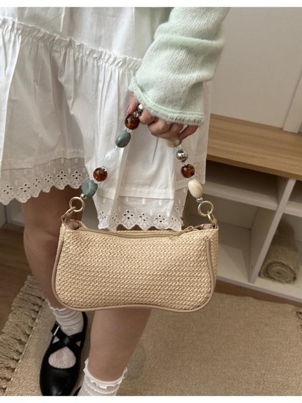 Woven Shoulder Bag with Beaded Strap