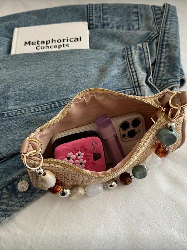 Woven Shoulder Bag with Beaded Strap