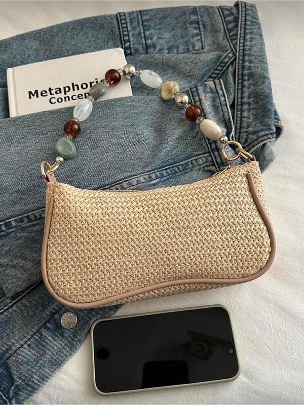 Woven Shoulder Bag with Beaded Strap