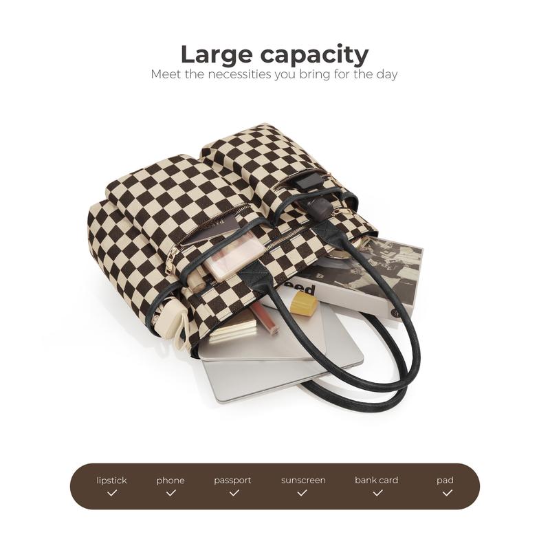 Checkered Multi-Pocket Tote Bag