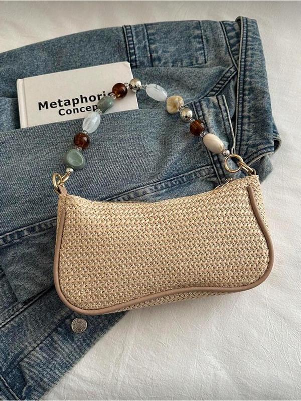 Woven Shoulder Bag with Beaded Strap