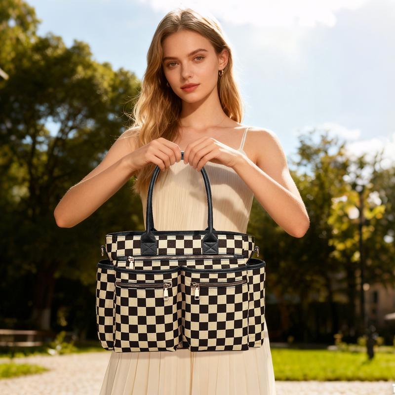 Checkered Multi-Pocket Tote Bag
