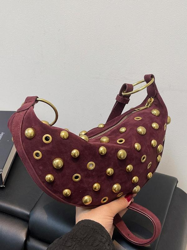 Studded Suede Crescent Bag