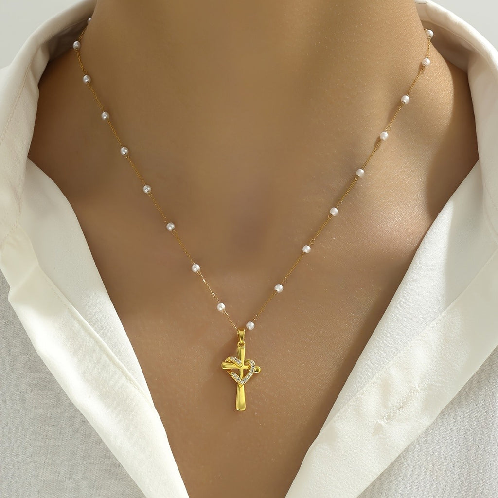 18k Pearl Cross Necklace