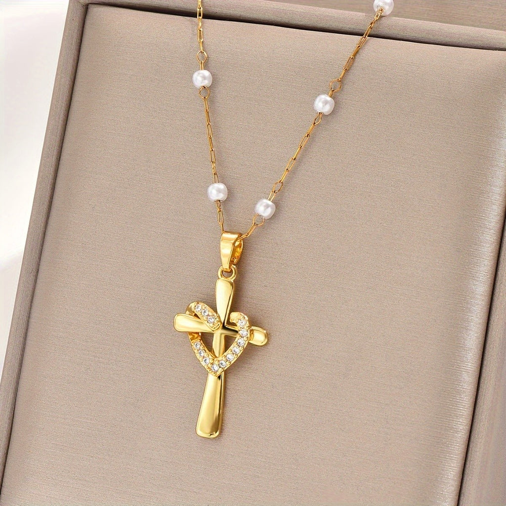 18k Pearl Cross Necklace