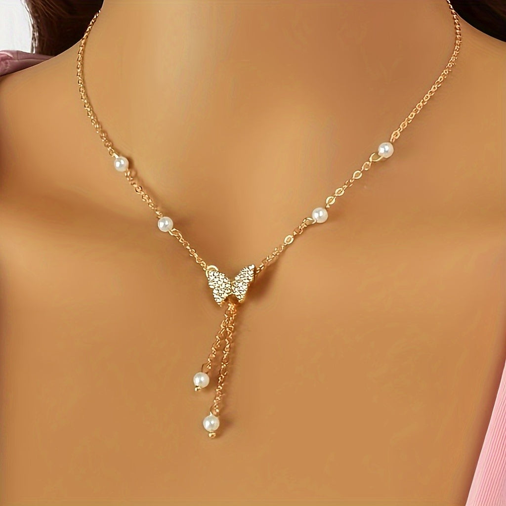 14k Dainty Butterfly Pearl Necklace