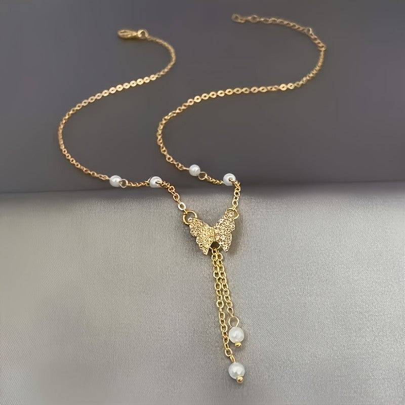 14k Dainty Butterfly Pearl Necklace