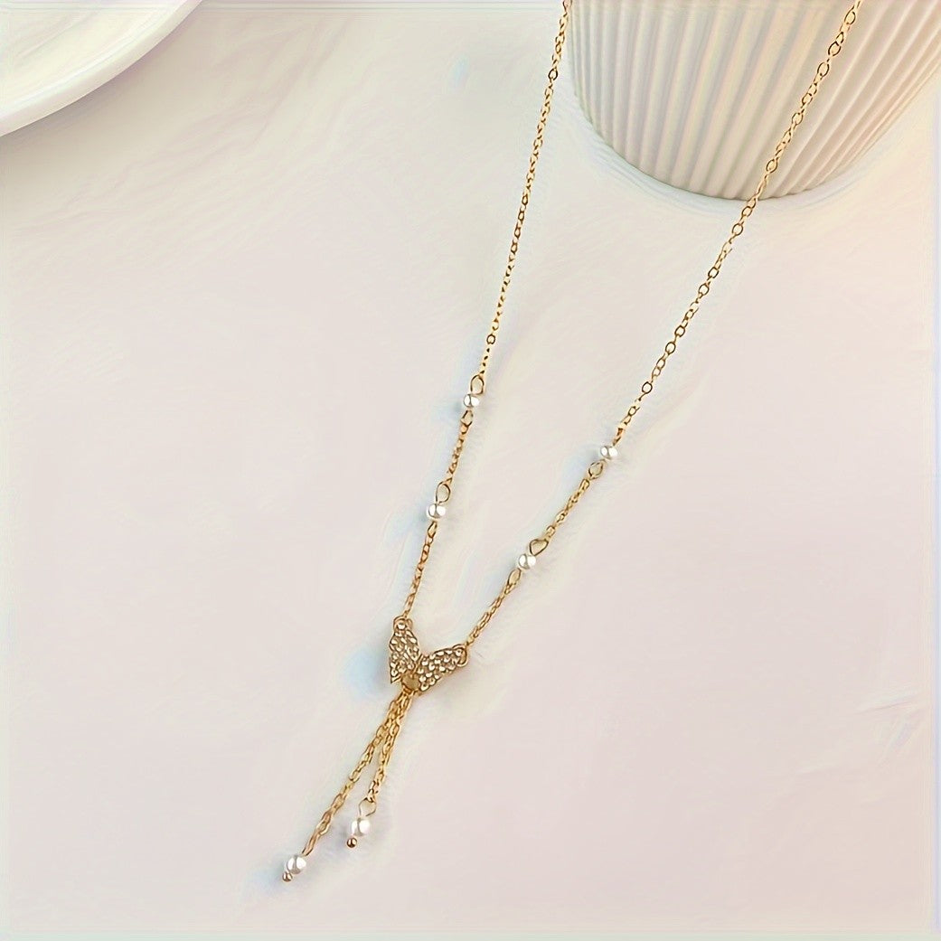 14k Dainty Butterfly Pearl Necklace
