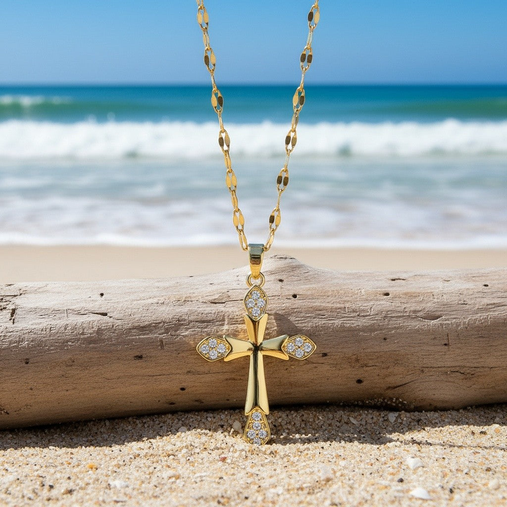 18k Vintage Zircon Cross Necklace