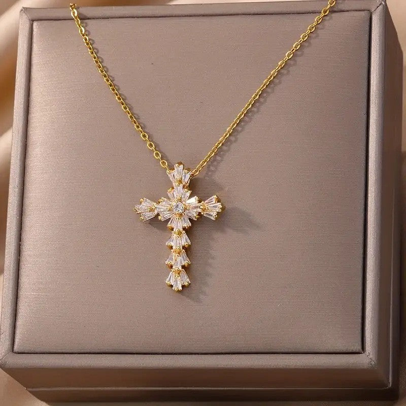 18k Vintage Crystal Cross Necklace