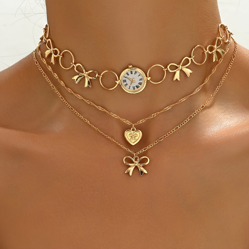 Vintage Bow Clock Necklace Set