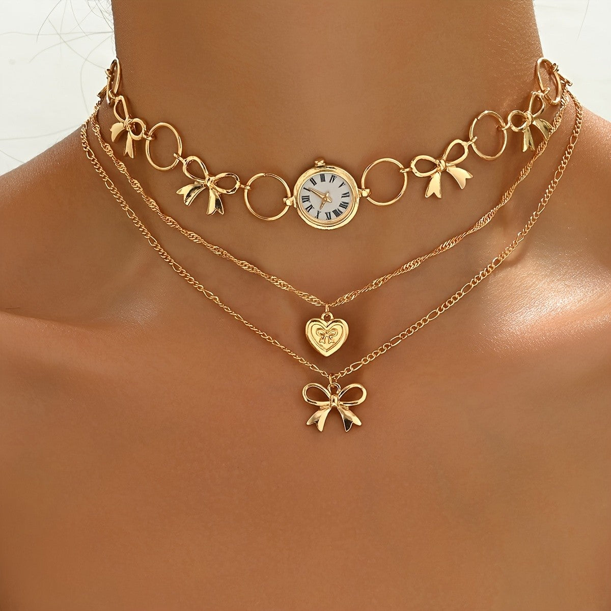 Vintage Bow Clock Necklace Set