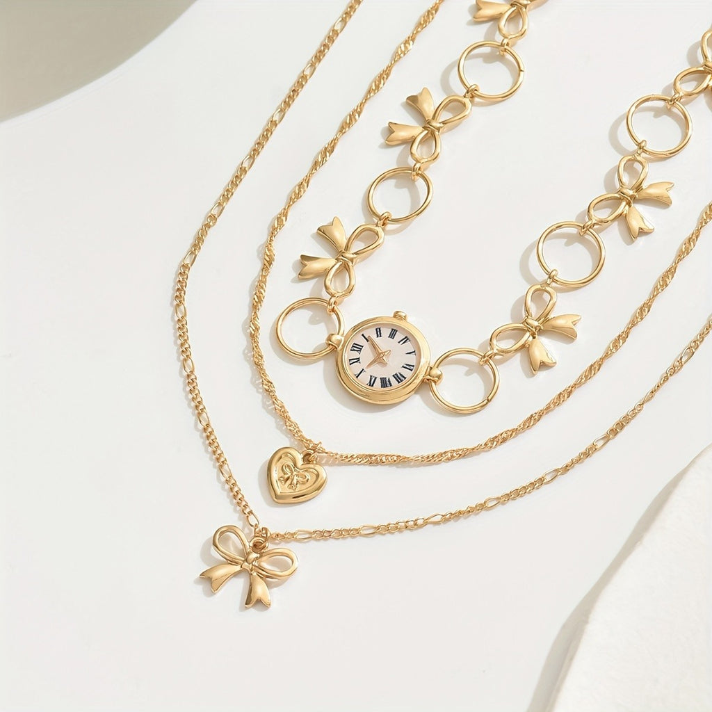 Vintage Bow Clock Necklace Set