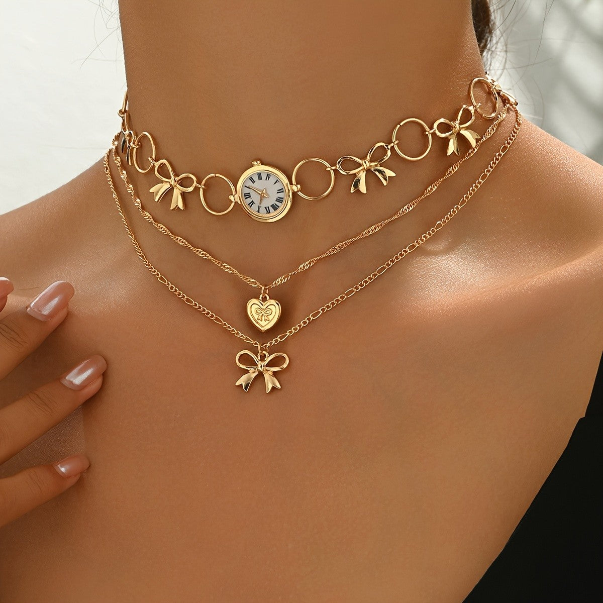 Vintage Bow Clock Necklace Set