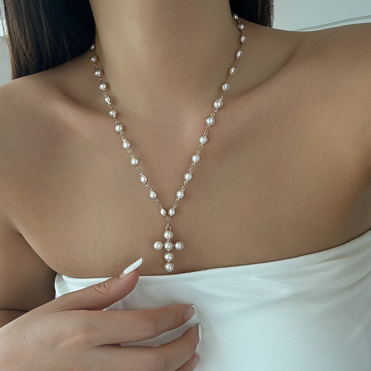 Elegant Pearl Cross Necklace