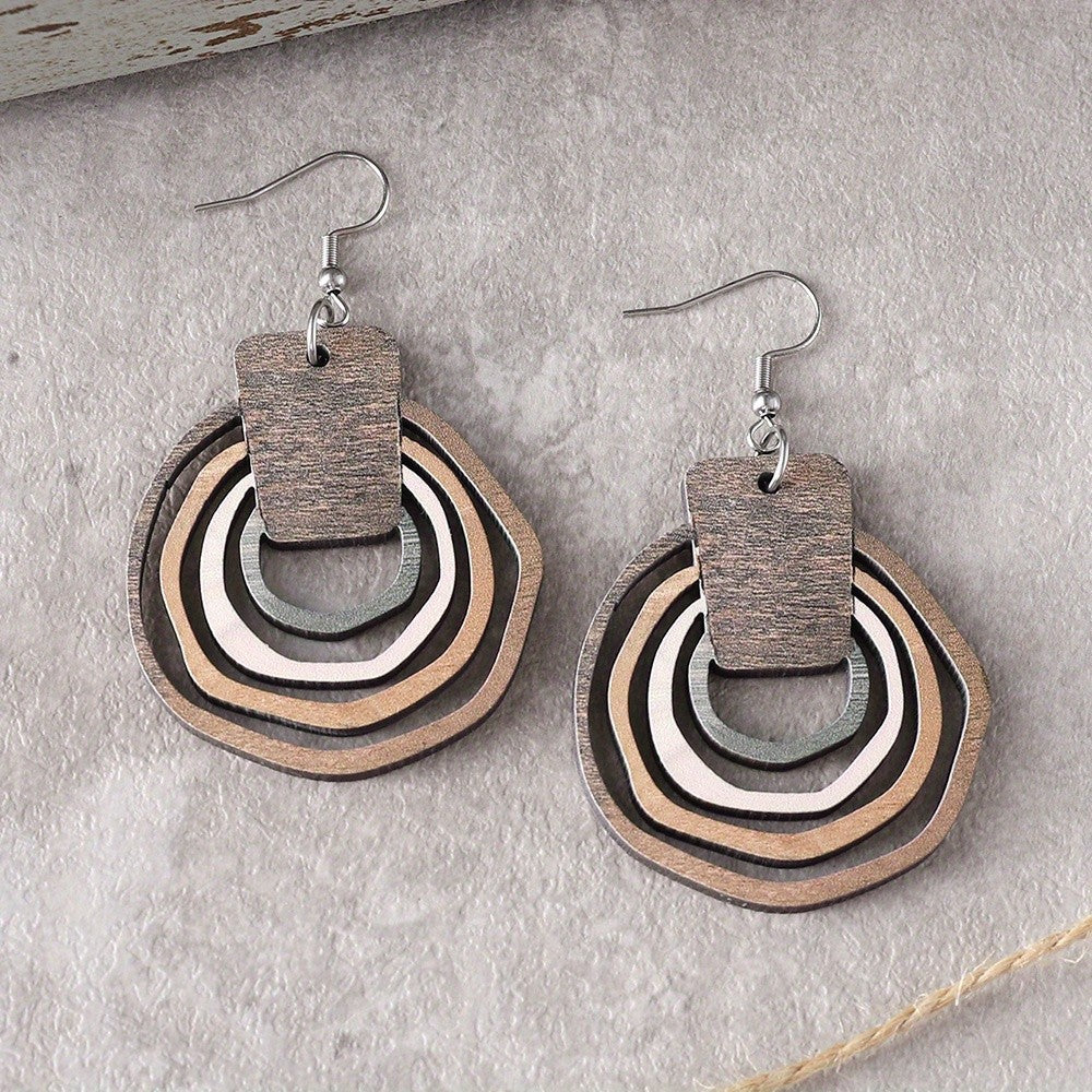 Boho Wood Geometric Drop Earrings
