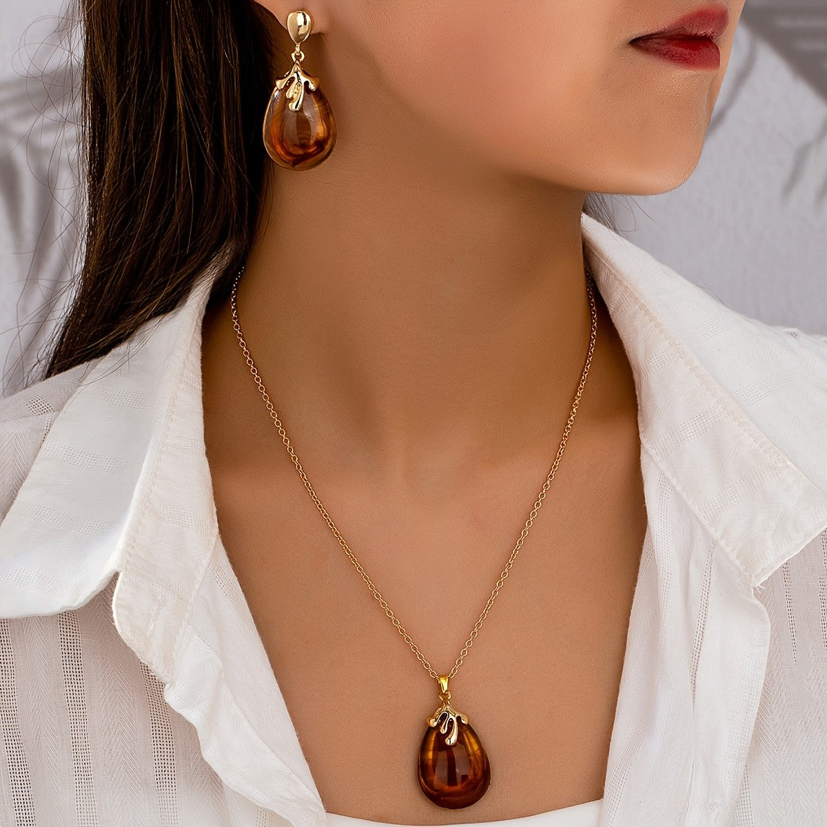 14k Vintage Amber Drop Jewelry Set