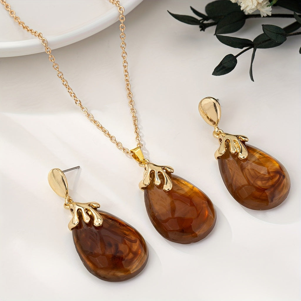 14k Vintage Amber Drop Jewelry Set